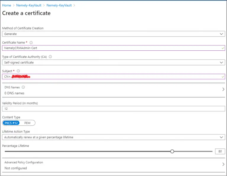 Azure Key Vault form for creating a certificate, with subject and validity settings