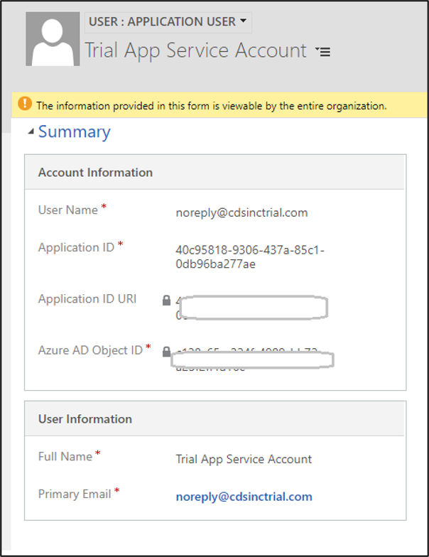 Dynamics 365 application user form showing application and Azure AD object identifiers