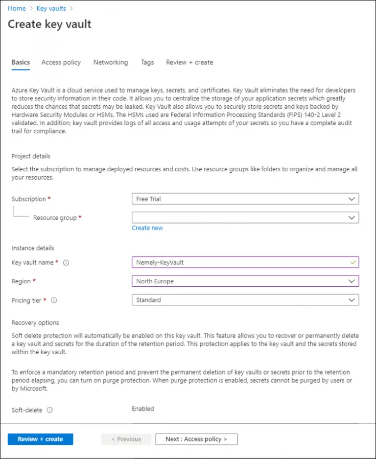 Azure portal form for creating a key vault