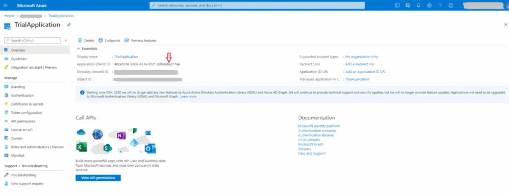 Azure application registration overview showing application identifiers and configuration links