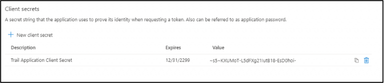 Azure application client secrets table showing a secret description, expiry date and value column