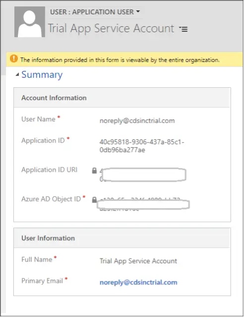 Dynamics 365 application user form showing application and Azure AD object identifiers