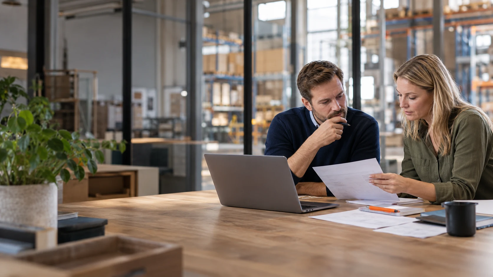 Two colleagues comparing an order document with a laptop in an office overlooking warehouse shelves