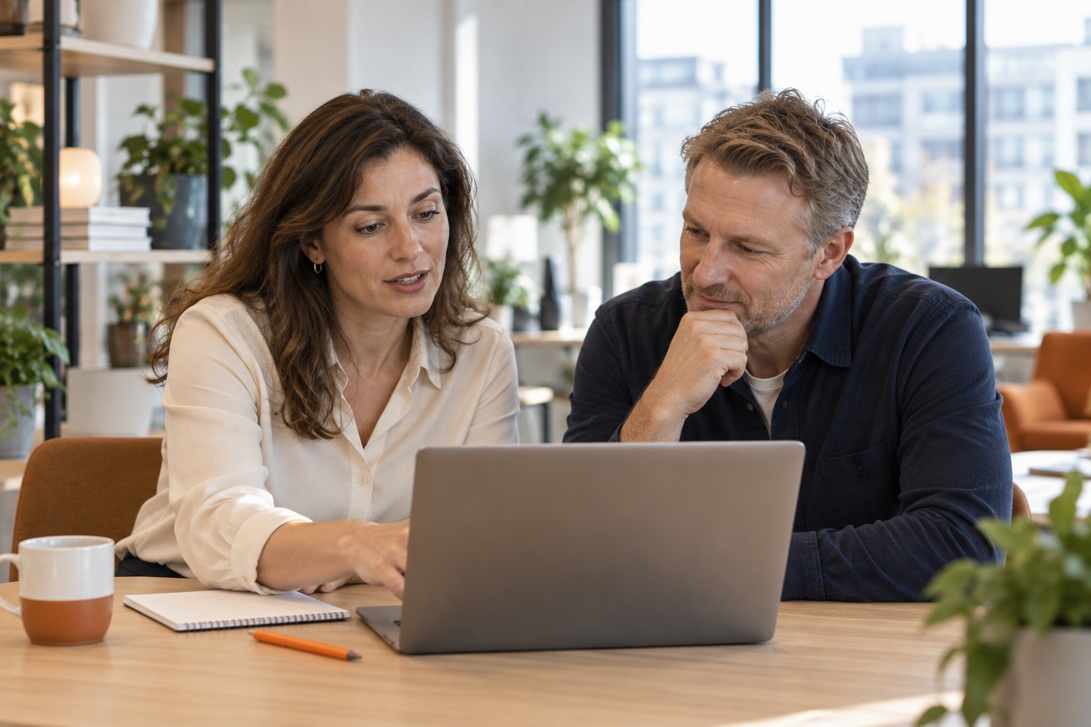 Two colleagues reviewing a laptop together during an informal learning session in a bright office.