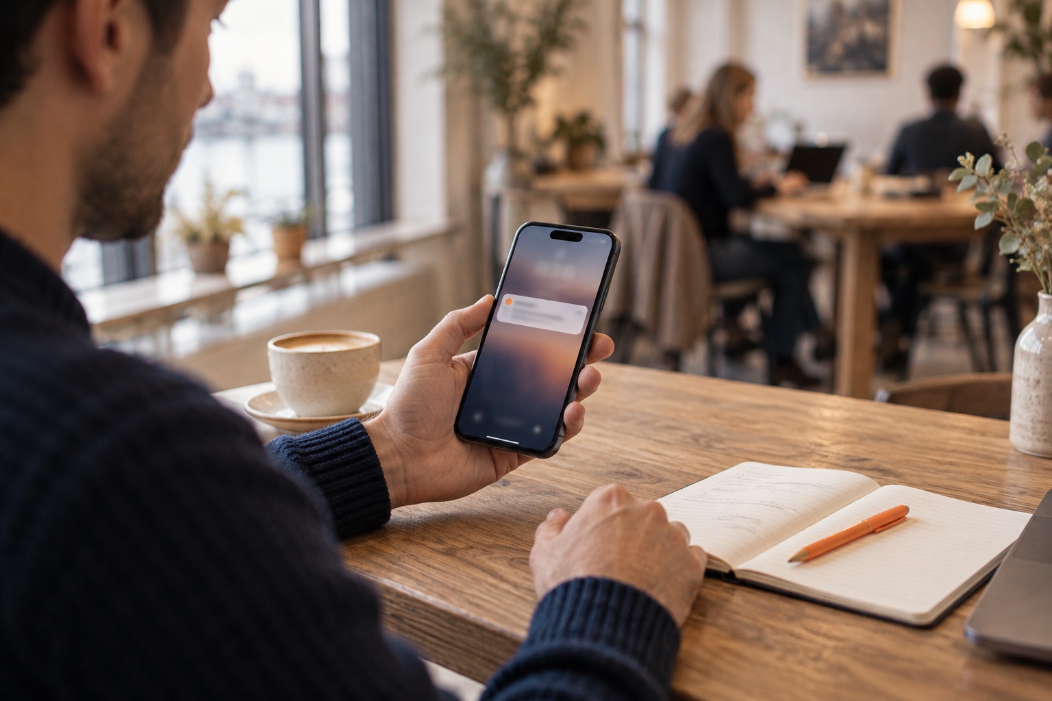A professional checking a smartphone notification beside a notebook and orange pen in a cafe workspace.