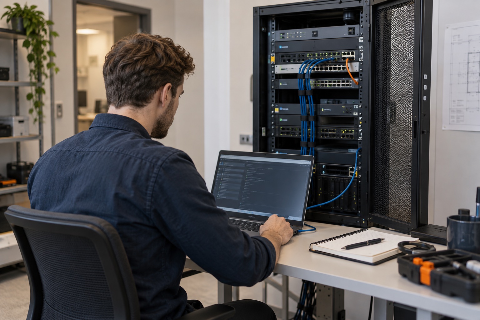 An IT engineer working on a laptop beside a local server cabinet.