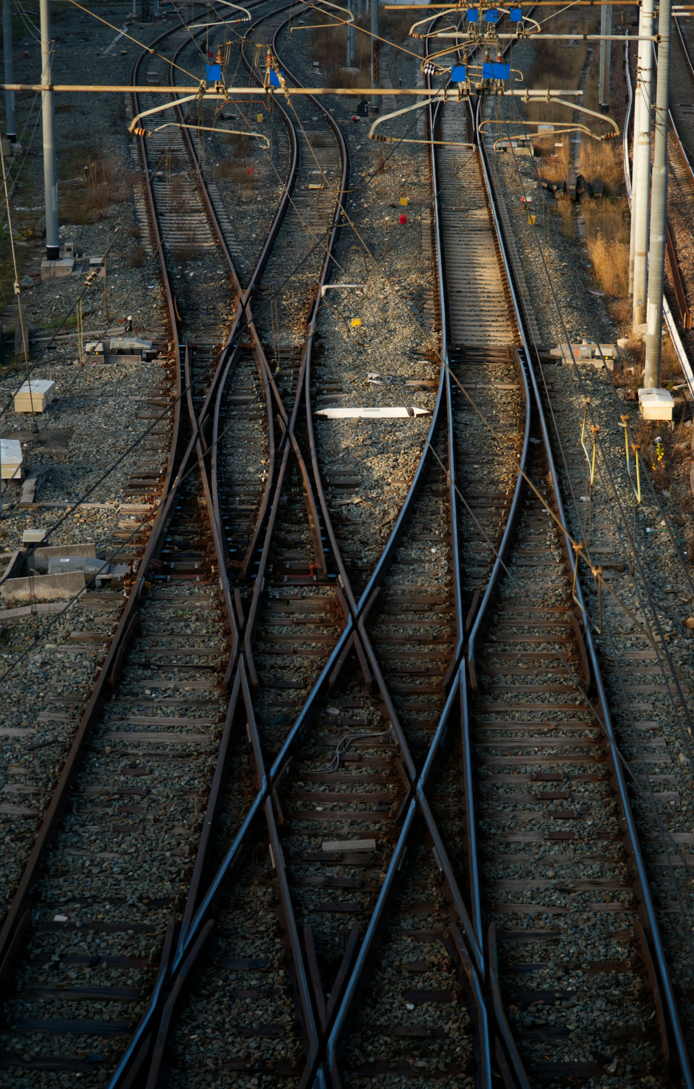 Railway tracks branching and converging through a junction, photographed by iridial