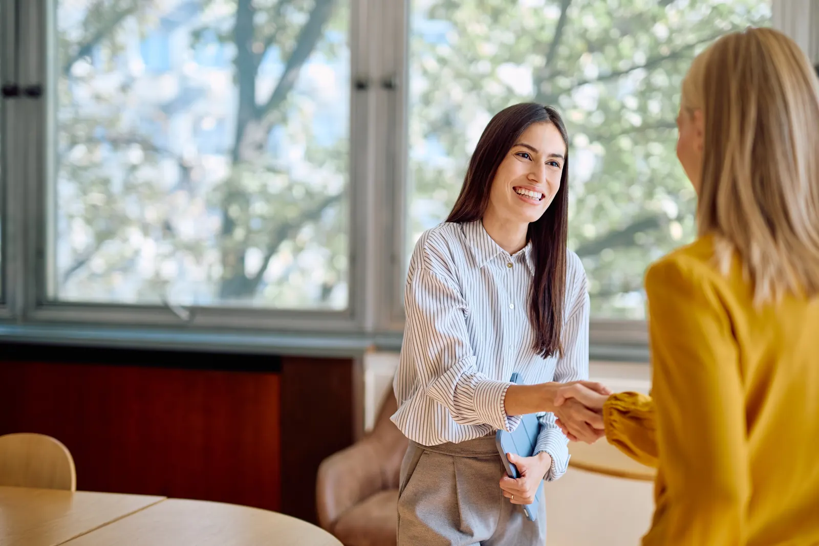 Two professionals greeting each other with a handshake beside an office window