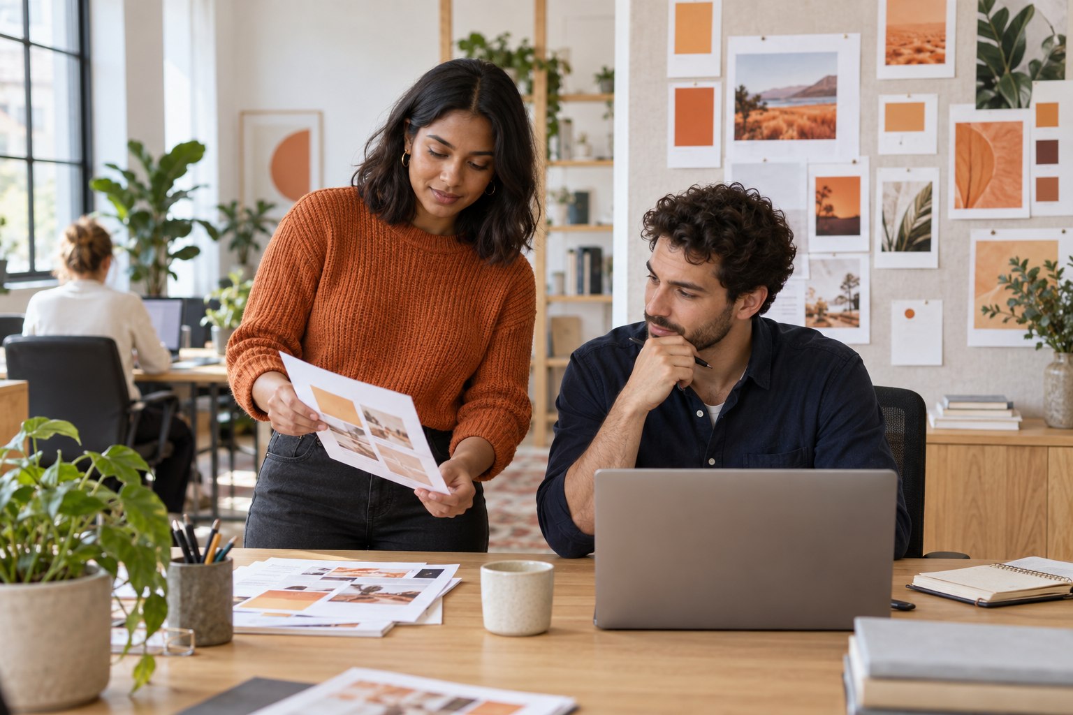 Marketing colleagues reviewing campaign materials in an orange-accented Nordic office