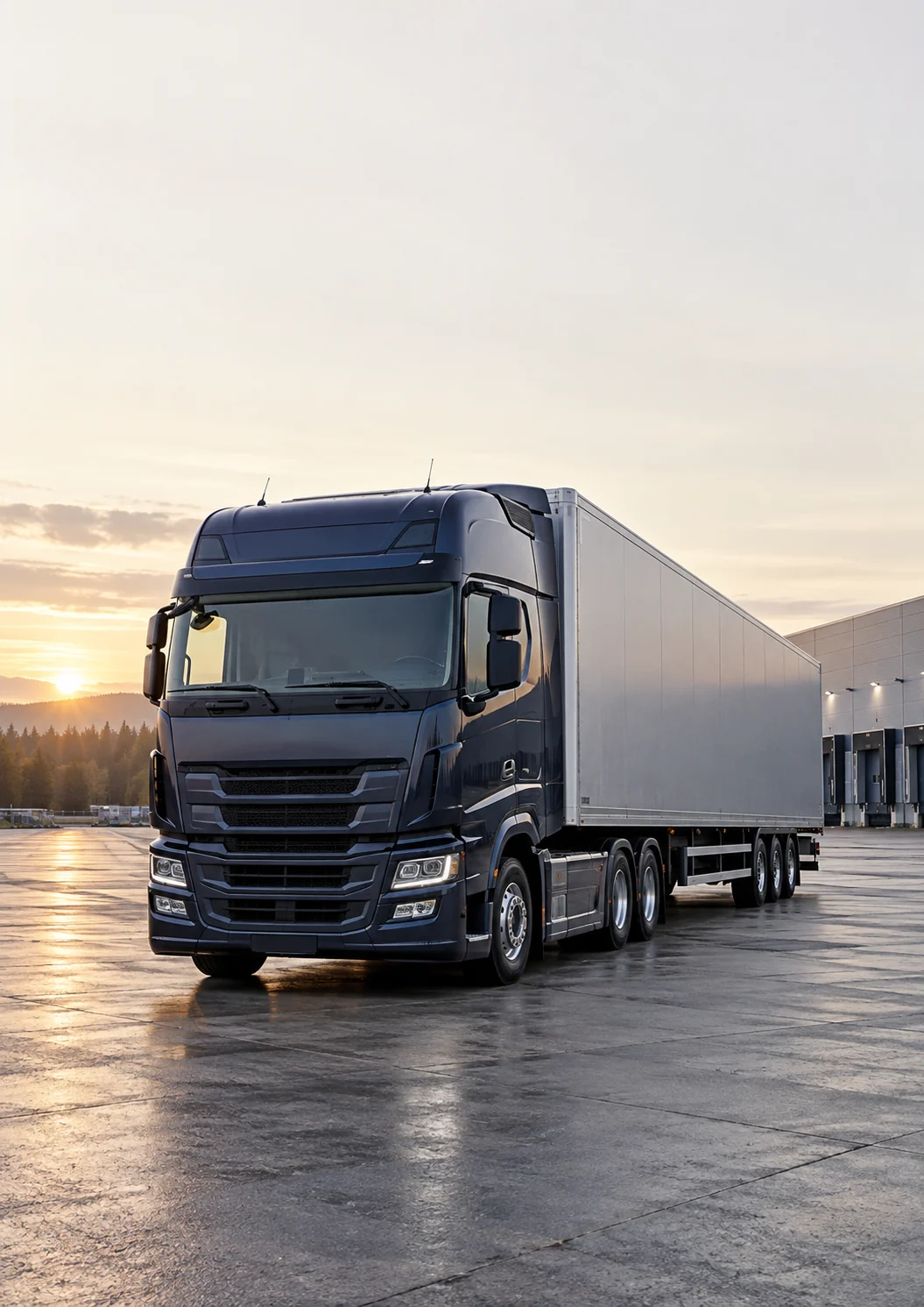 A dark truck and trailer outside a distribution warehouse at sunrise