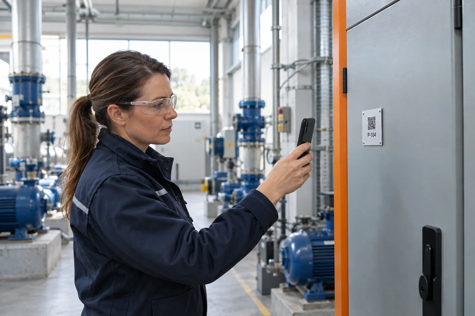 A maintenance coordinator using a smartphone to inspect an equipment identification tag beside industrial pumps