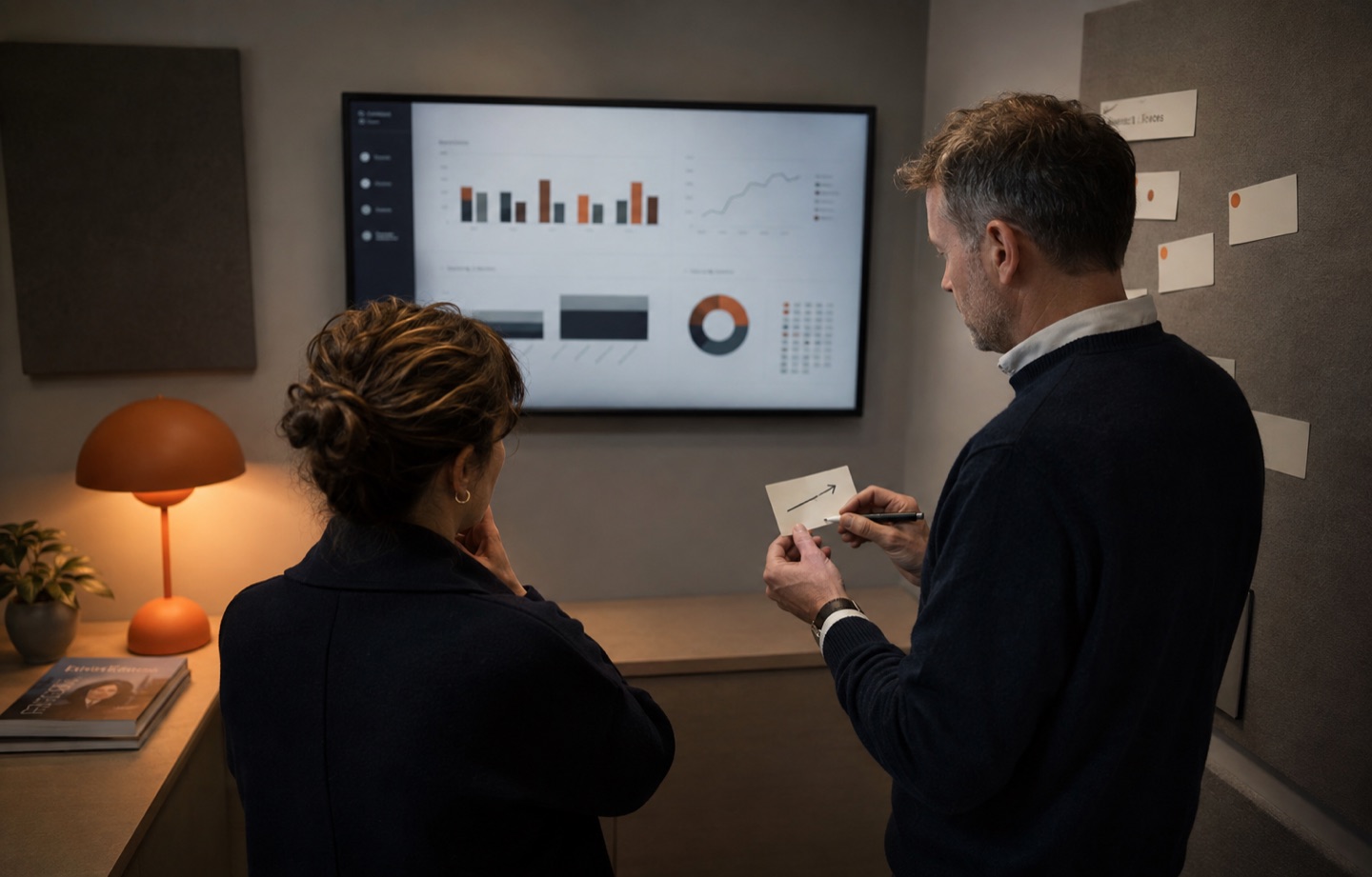 Product owner and operations manager reviewing adoption evidence and improvement ideas