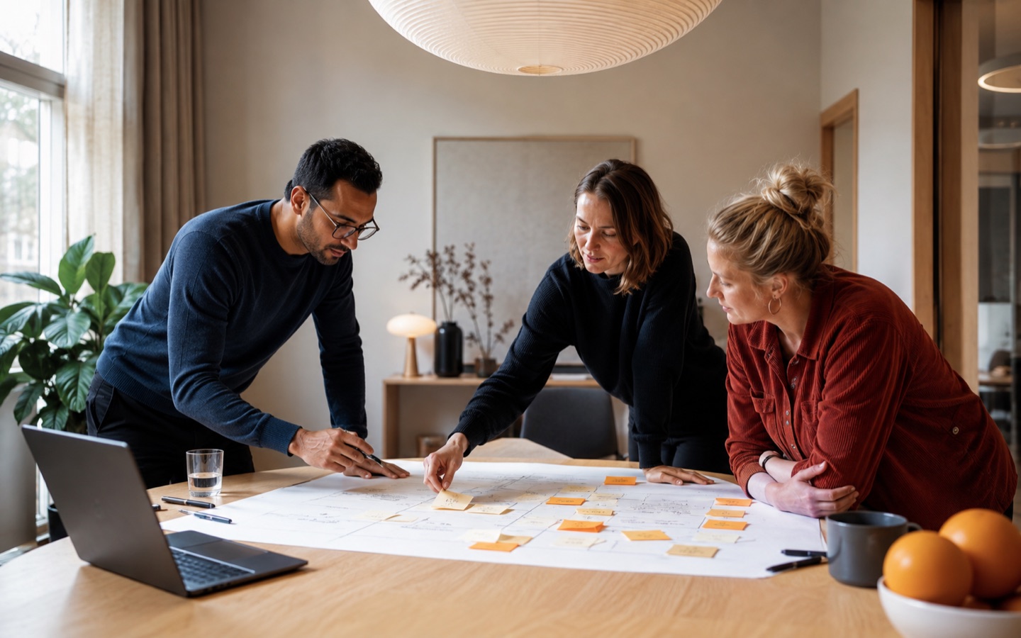 Business analysts and a frontline colleague mapping role and process impacts together