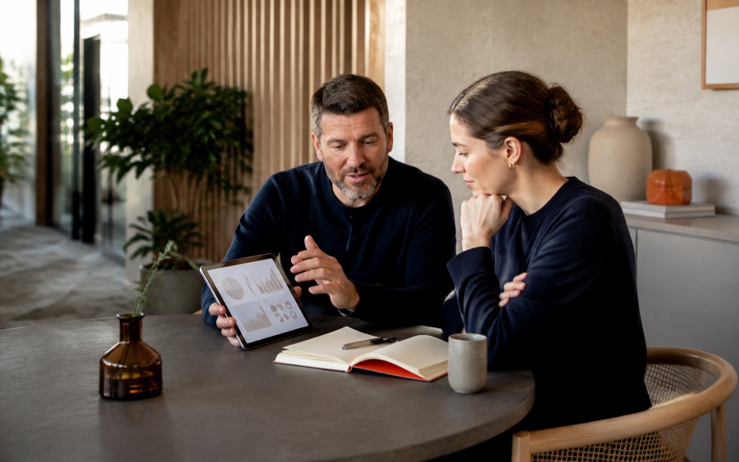 Manager coaching a colleague while reviewing adoption signals on a tablet