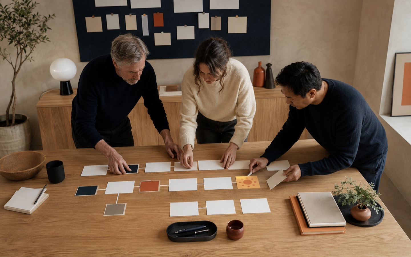 Process owners arranging a future-state workflow across human, automation and AI tasks
