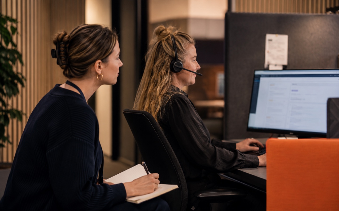 Business analyst observing a customer service specialist during a live work process