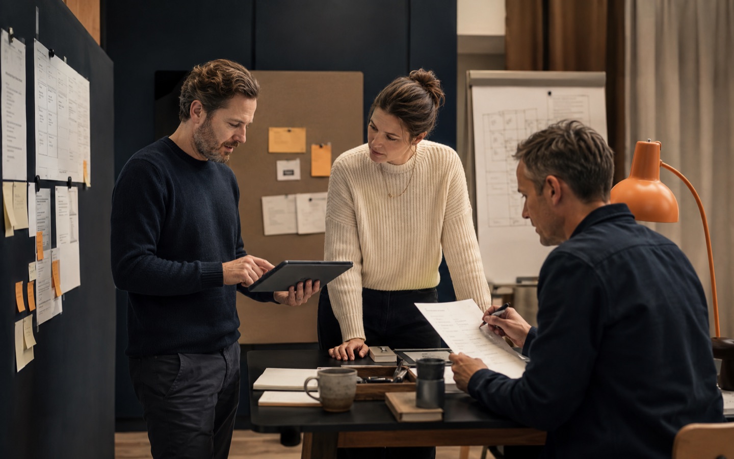 Product team validating a redesigned CRM process with a tablet and checklist