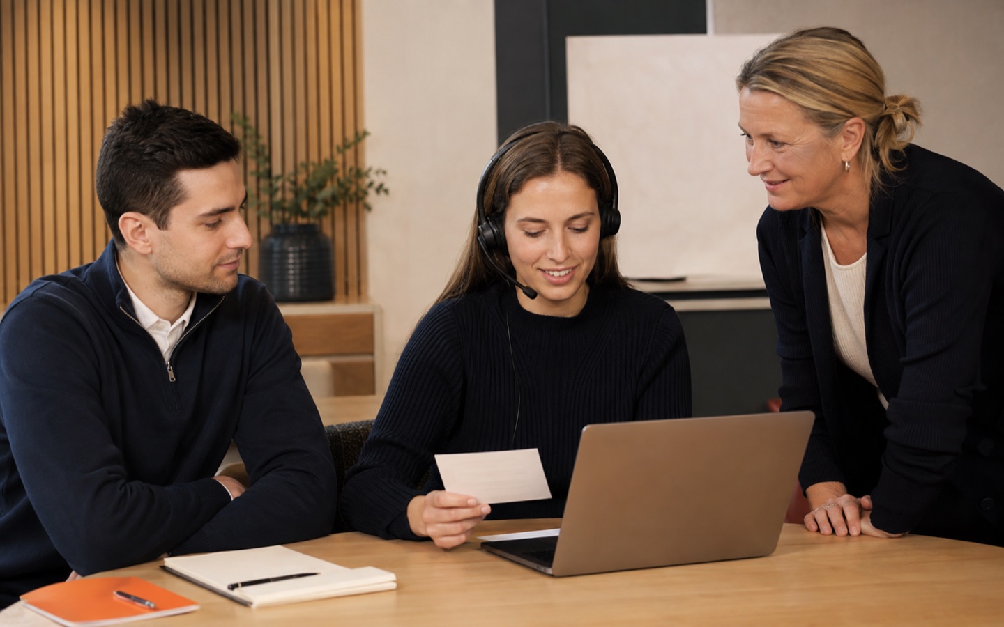 Customer service professional practicing a CRM scenario with a trainer and colleague
