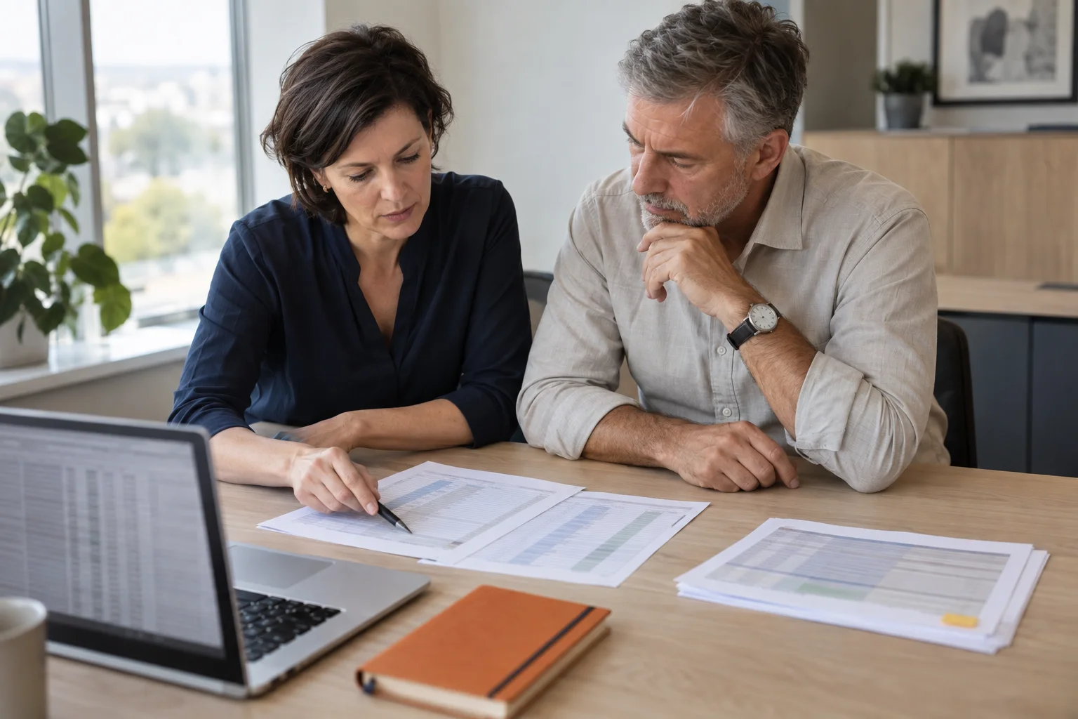 Two professionals reviewing printed data tables beside a laptop to decide which records to migrate