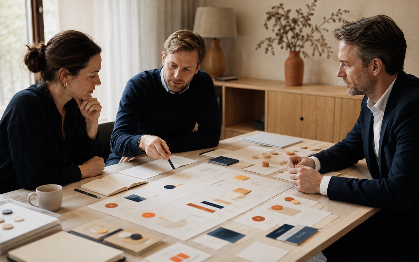 Analysts and a business owner examining CRM baseline evidence and benefit assumptions