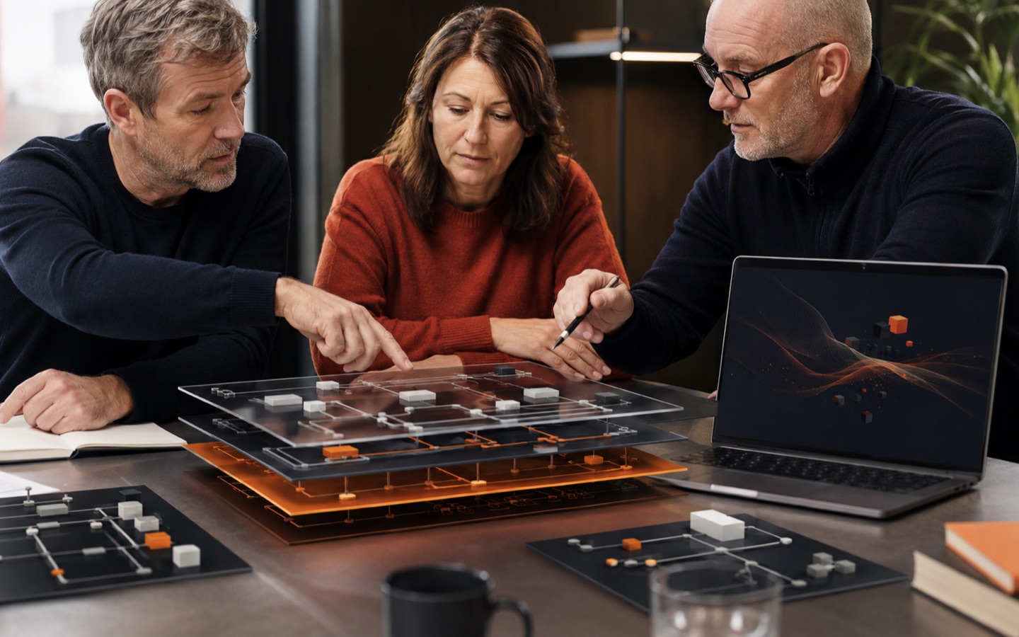 Senior specialists examining layered CRM architecture and system dependencies