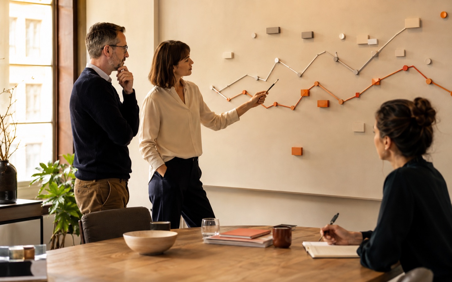 Business owner and analyst reviewing evidence from a CRM improvement