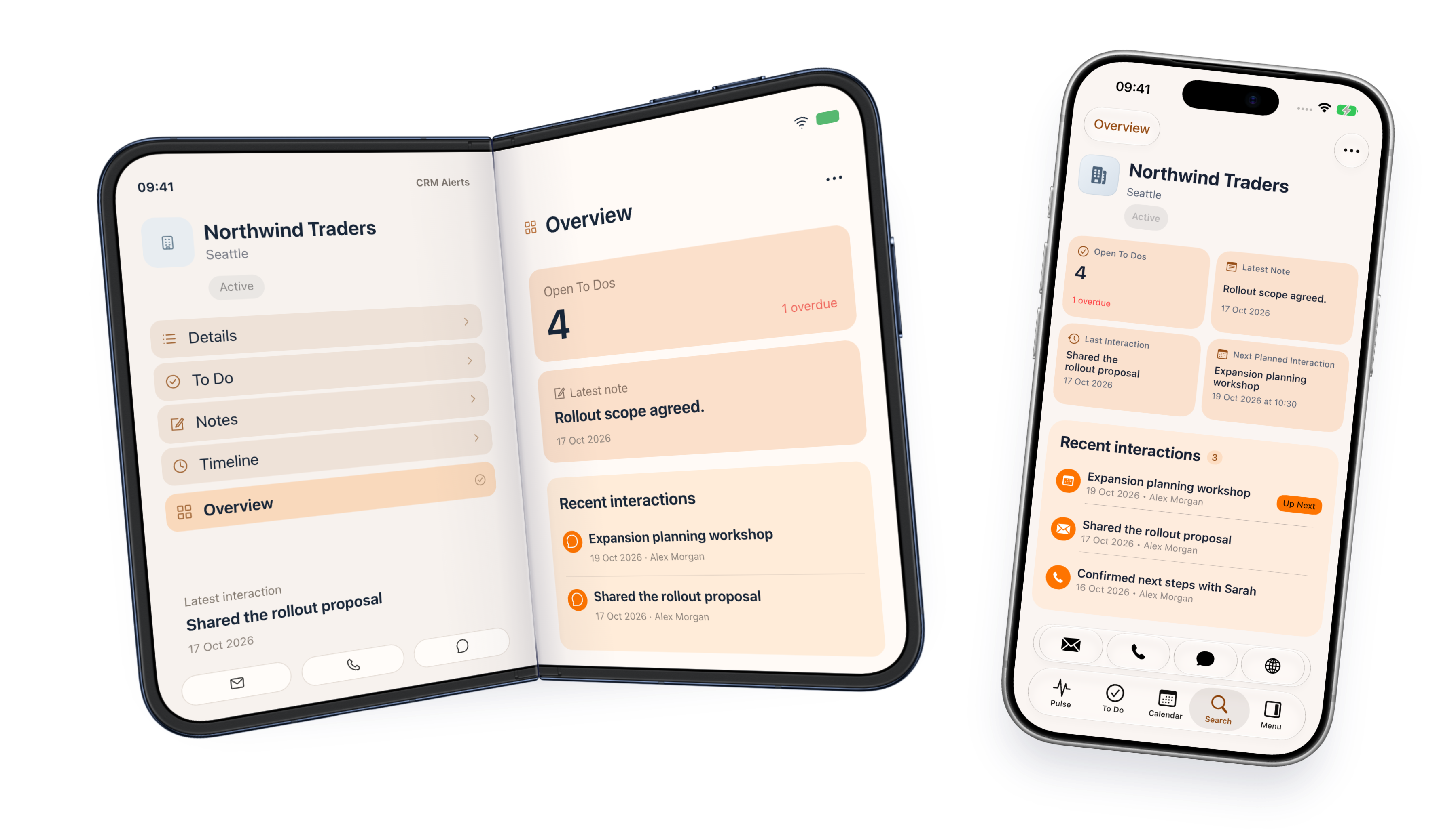 CRM Alerts on iPhone Duo and iPhone, with the folded two-pane customer view beside the phone customer workspace.