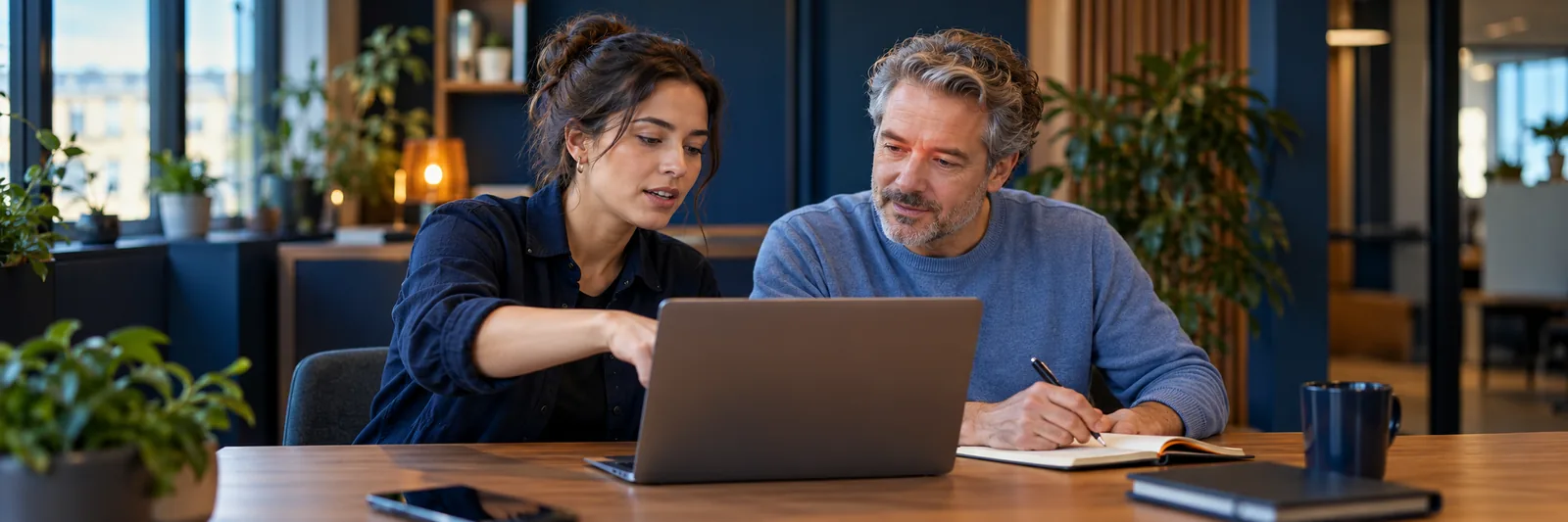 Two colleagues practising a customer-work routine together at a laptop
