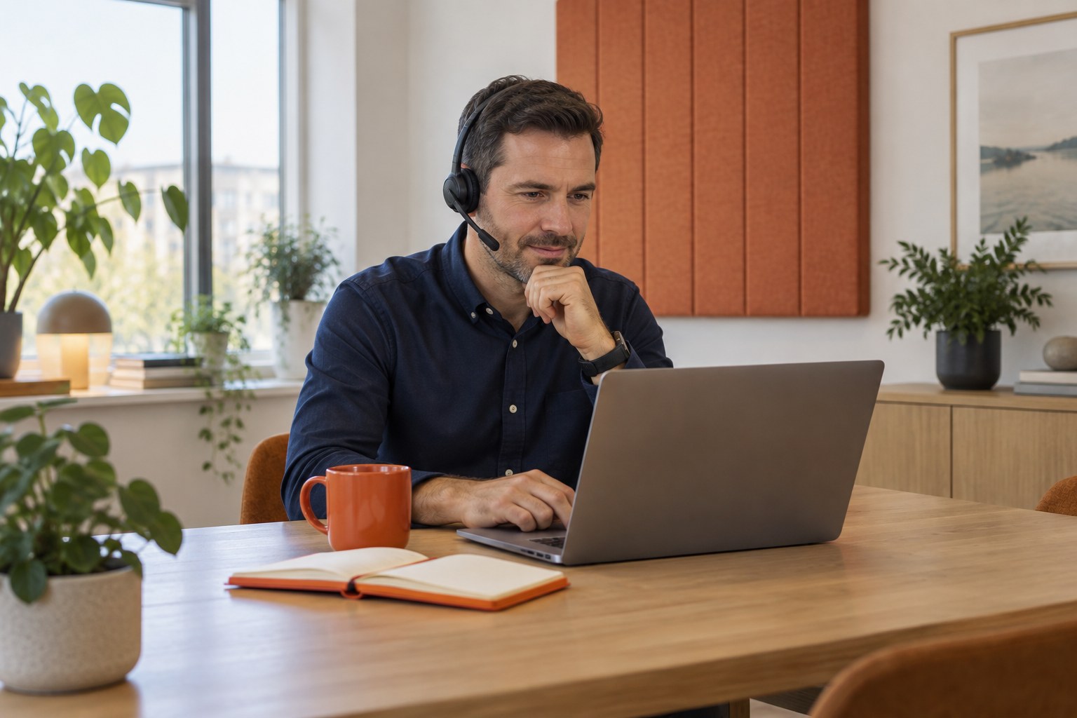 An account manager with a headset preparing at a laptop beside an orange notebook and mug