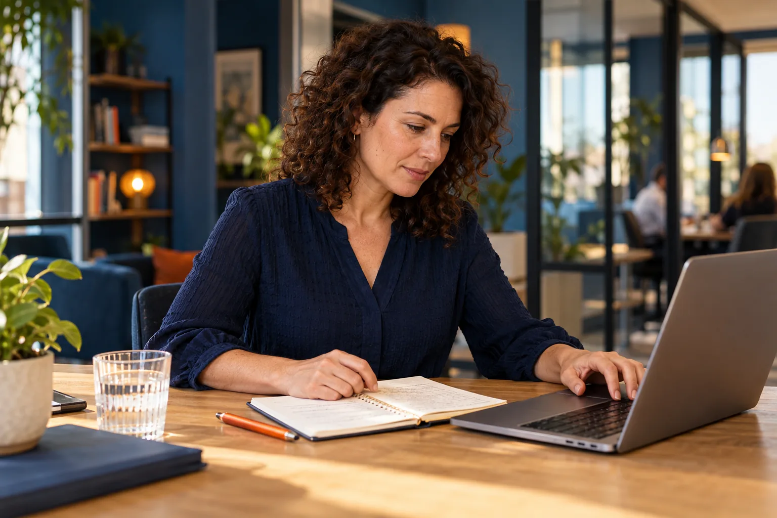 Account manager checking notebook details against a laptop before updating customer information