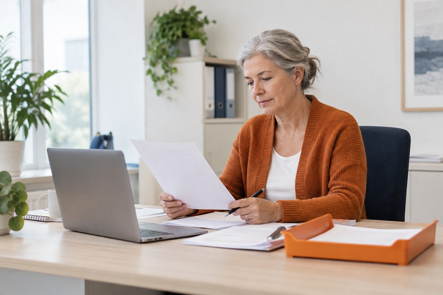 An operations specialist in an orange cardigan reviewing a paper document beside a laptop