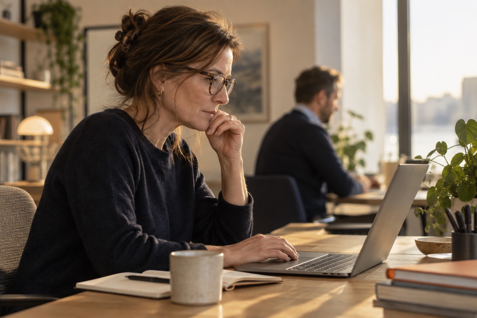 Customer concentrating on a task at a laptop in a quiet café