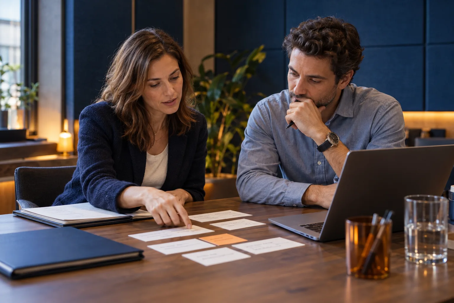Two colleagues mapping task and information dependencies with cards beside a laptop