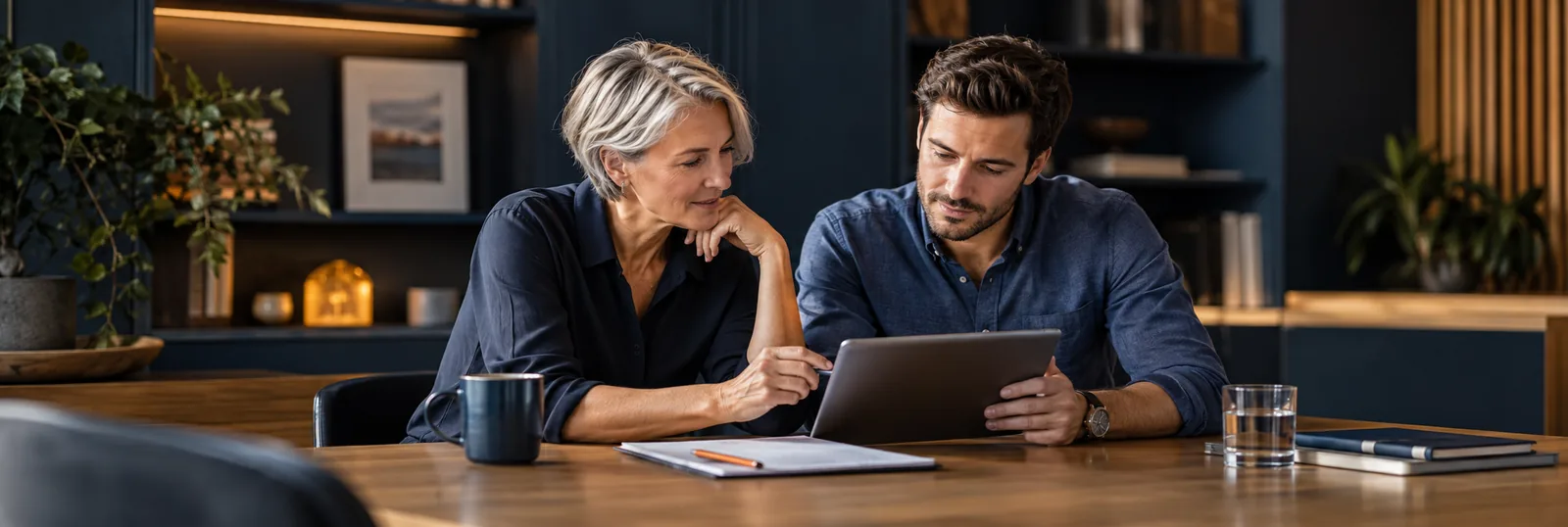 Two colleagues reviewing a tablet and checklist in a warm, navy-toned workspace