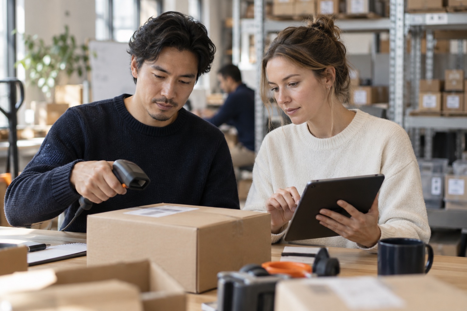 Operations team checking a package with a scanner and tablet