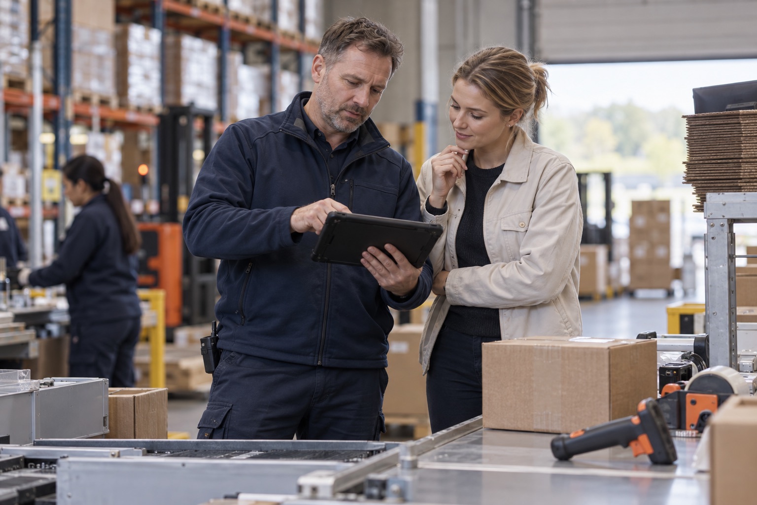 Operations colleagues checking a tablet beside equipment and supplies