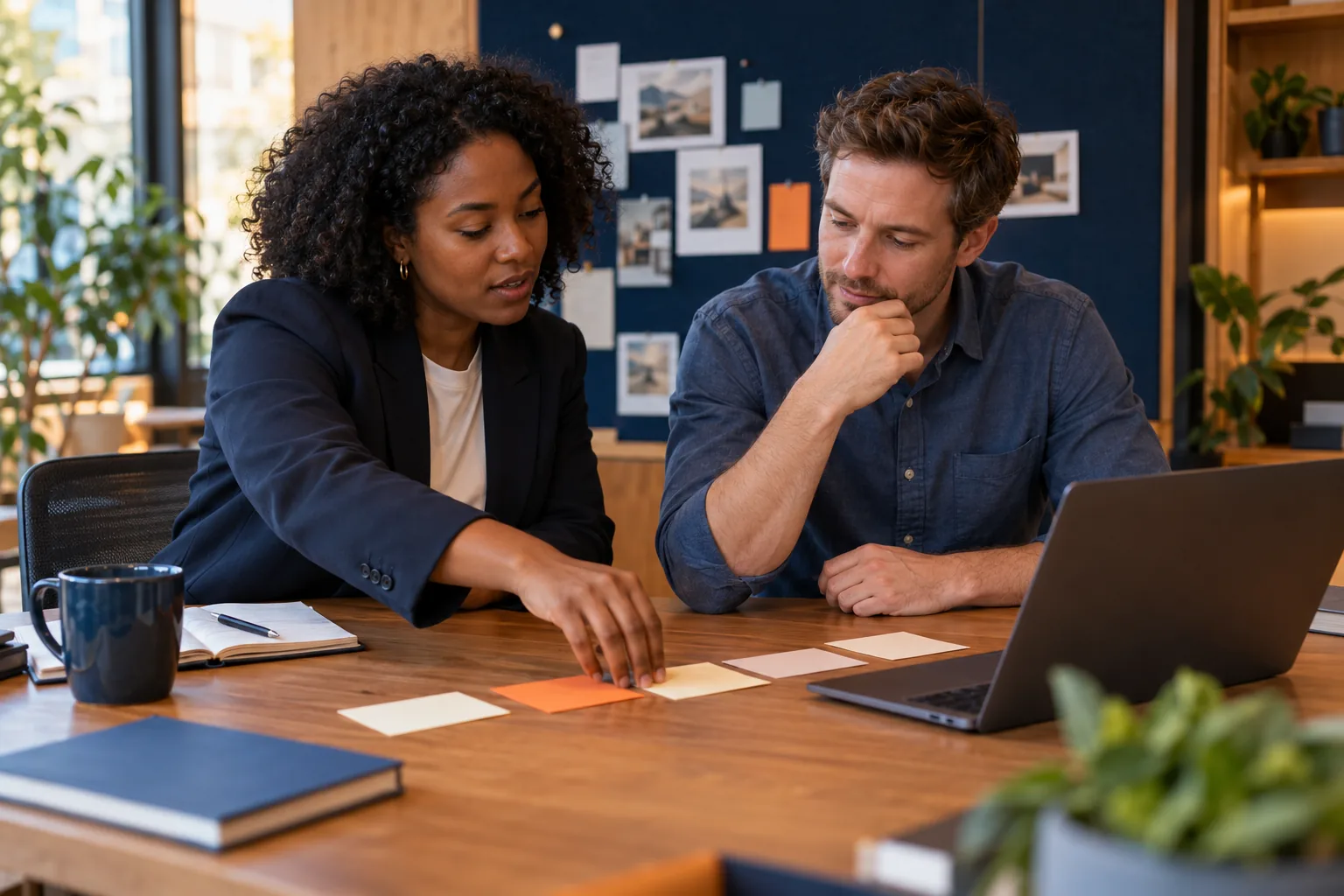 Two colleagues planning an internal support request with task cards and a laptop