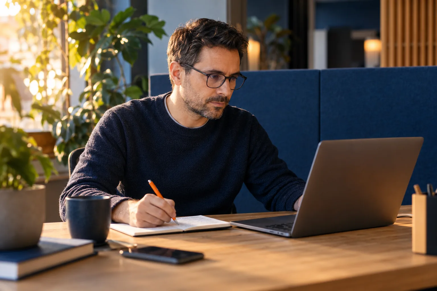 A software specialist checking a laptop and taking notes in a blue-toned workspace