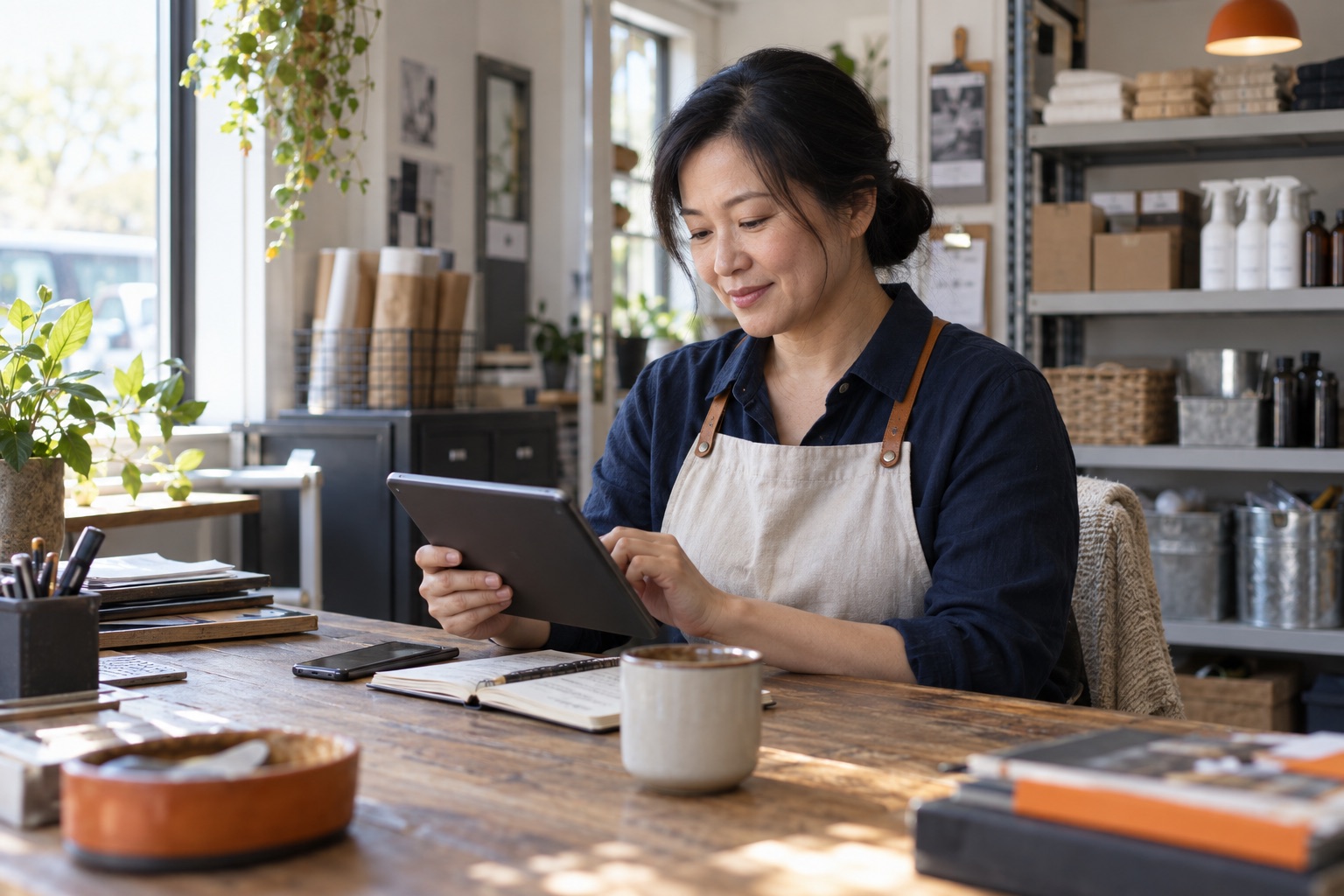 A business owner using a tablet to review a request in her shop office