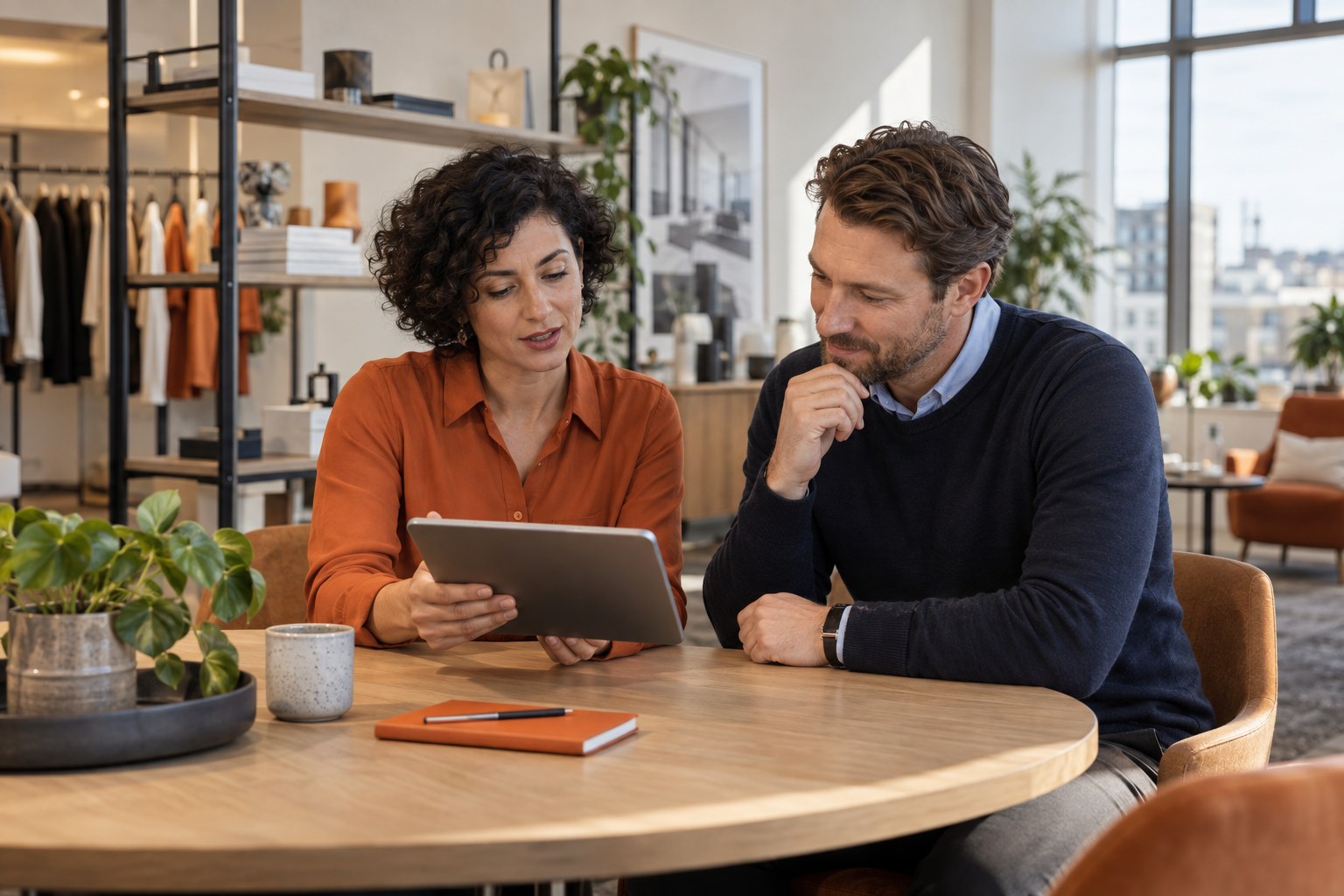 Two professionals reviewing a tablet in a retail operations office with orange clothing and furnishings