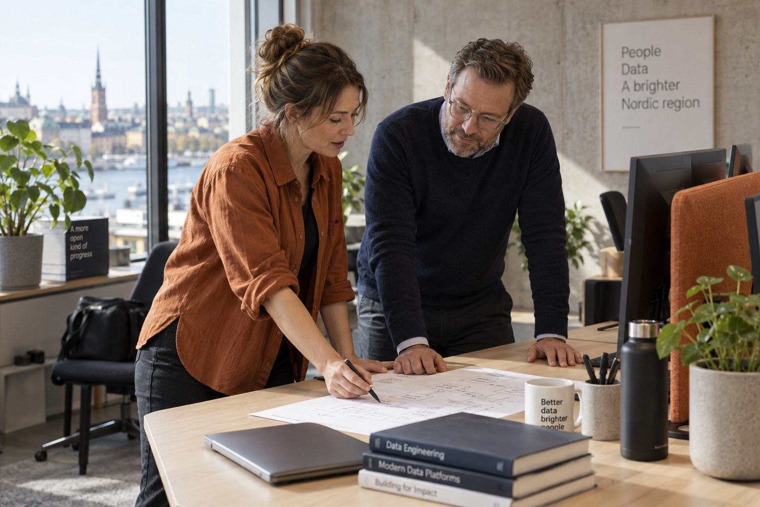 Two data specialists reviewing an architecture sketch at a workstation with orange office accents