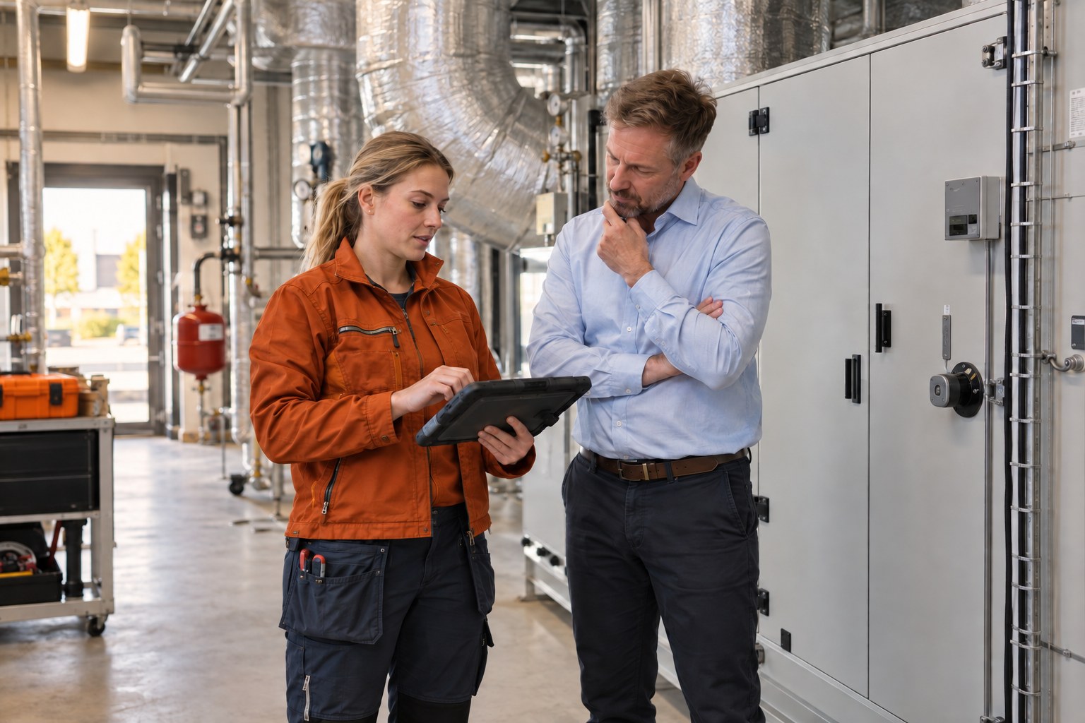 Field technician in an orange work jacket reviewing a tablet with a facilities manager