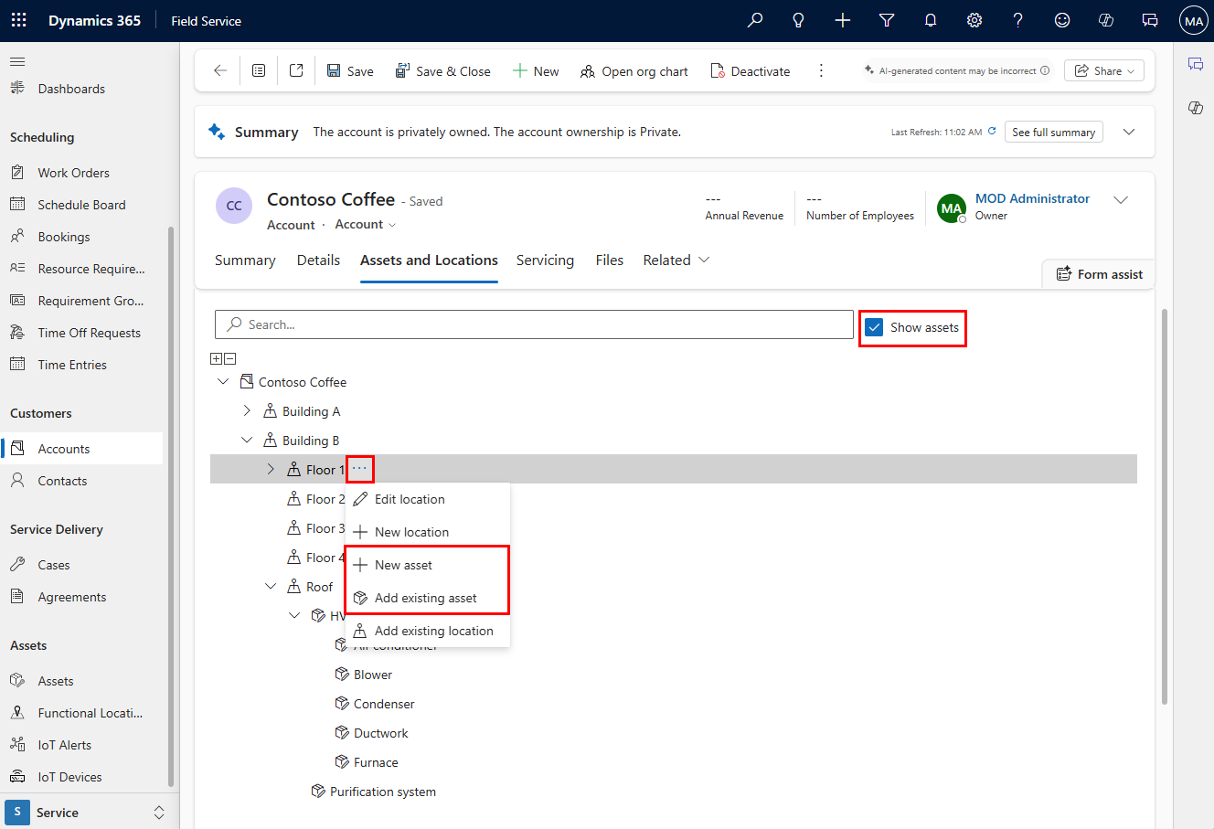 Dynamics 365 Field Service Assets and Locations view with a customer location and equipment hierarchy