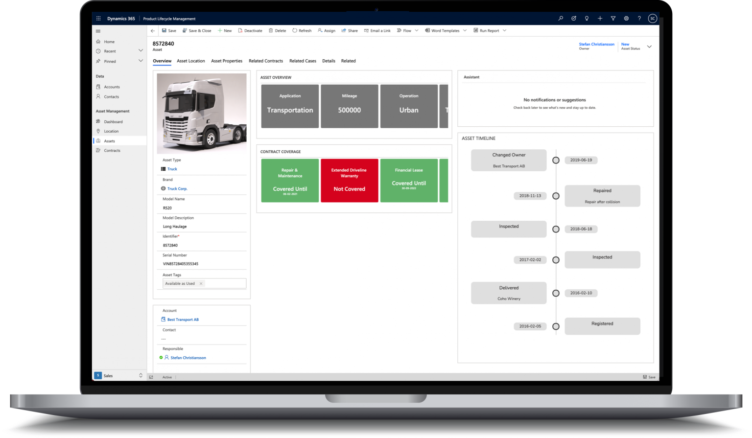 Nemely Product Lifecycle Management product illustration showing a truck asset, contract coverage and timeline on a laptop