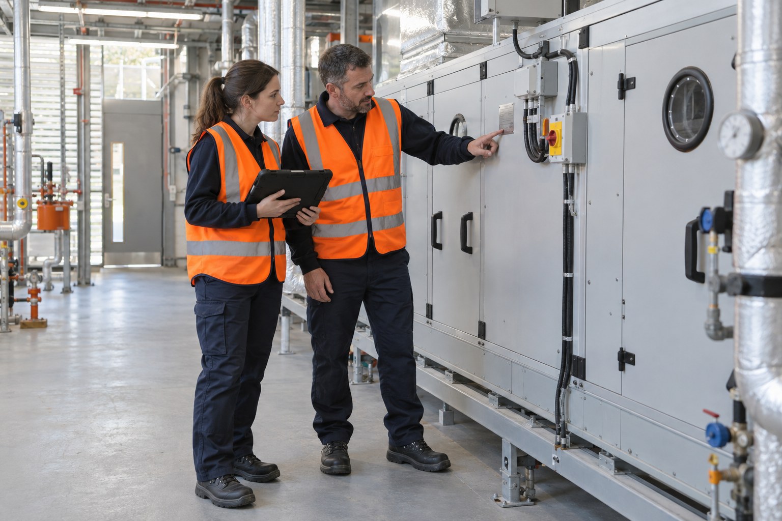 Two industrial colleagues in orange safety vests reviewing a tablet beside installed equipment