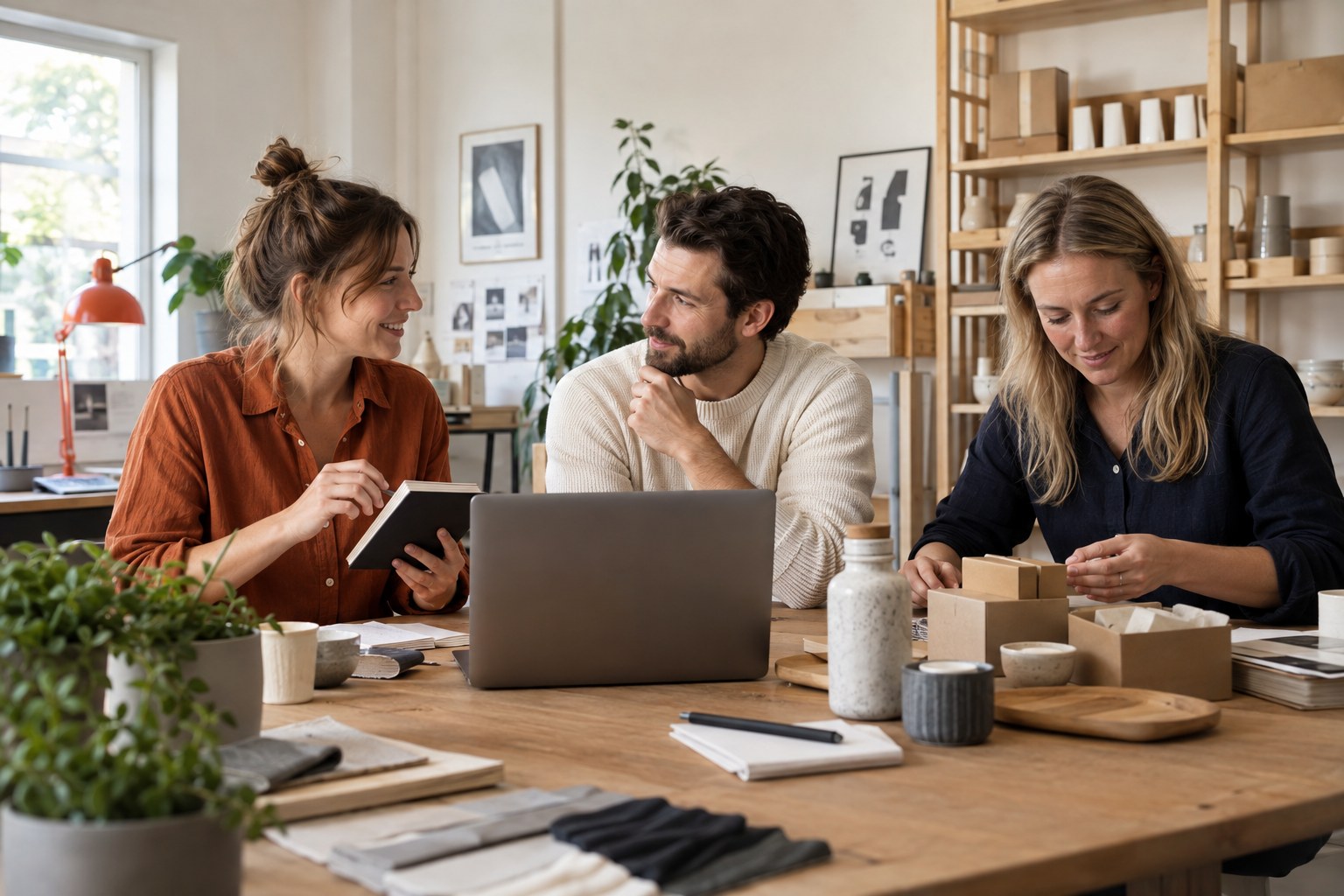 Three small-business colleagues, one wearing orange, reviewing notes and product samples at a workbench