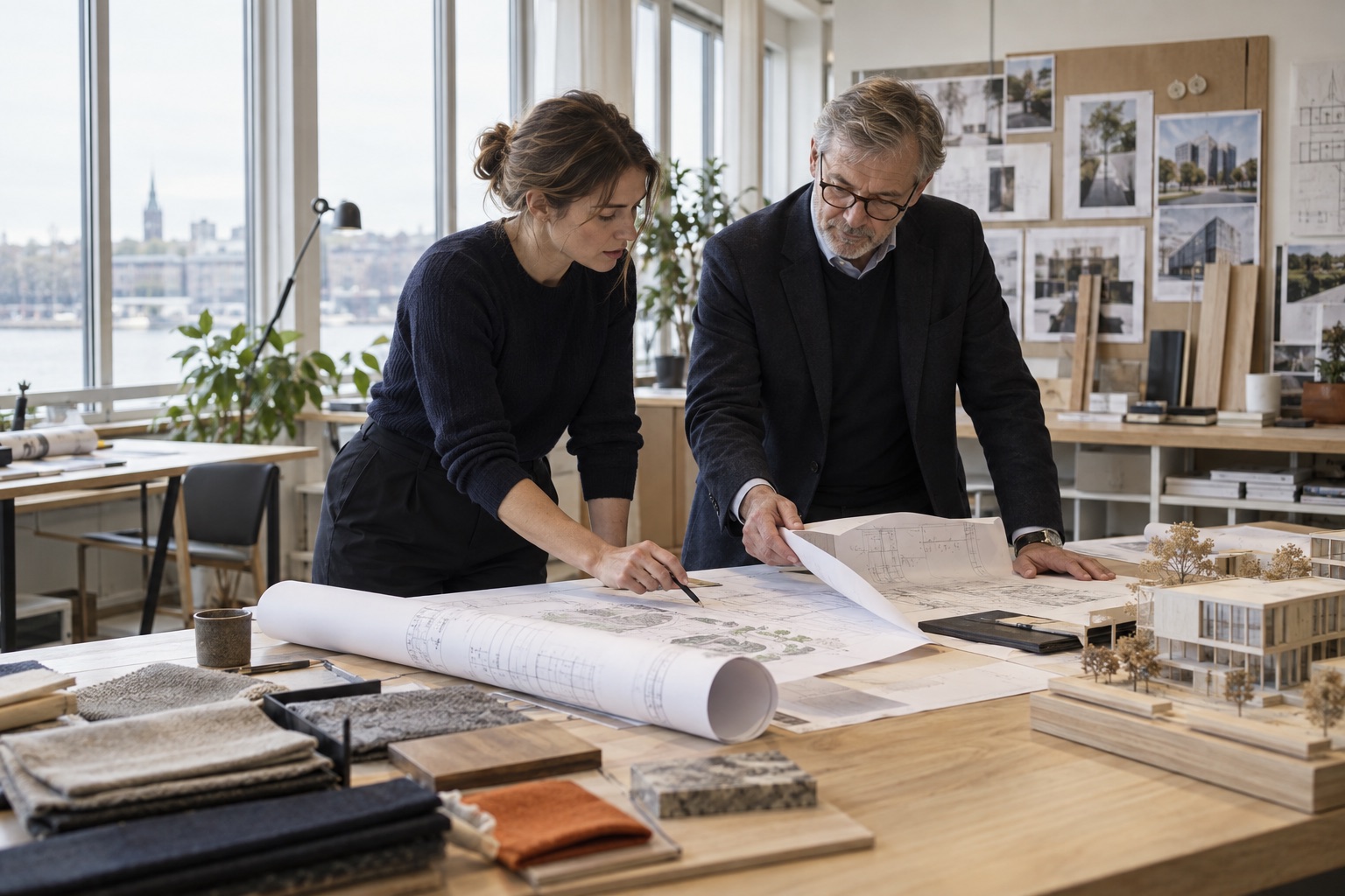 Two project leaders reviewing drawings and a model in an engineering studio