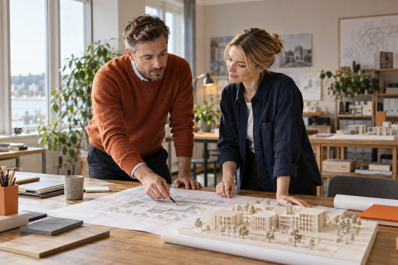 Two project colleagues, one in an orange jumper, reviewing a drawing and architectural model