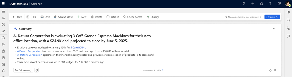 Expanded Dynamics 365 Sales opportunity summary showing account context and key opportunity information