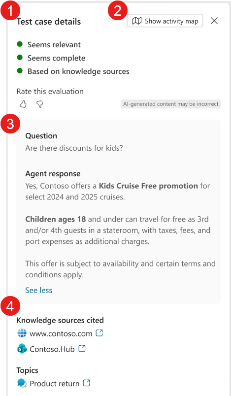 Copilot Studio test-case details showing evaluation results, an agent response and supporting context